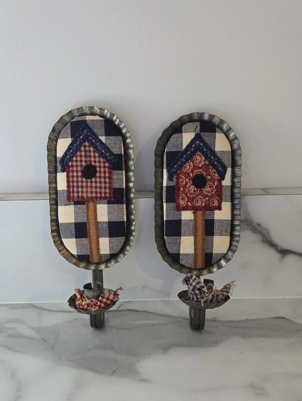 (2) Rustic Blue Plaid Birdhouse Wall Candle Holders- Home Wall Decor